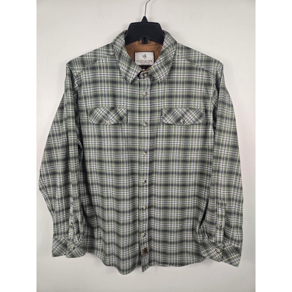 Legendary Whitetails Mens Green Plaid Flannel Shirt Large Cotton Stretch 6279